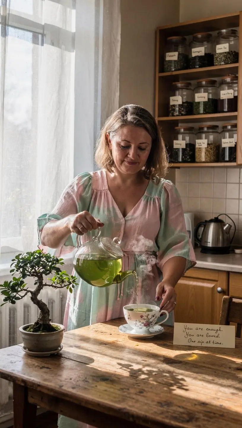 Asmuo mėgaujasi arbatos ritualu prie lango, stebėdamas gamtą ir nurimdamas nuo dienos rūpesčių.