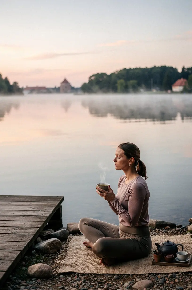 Žaliosios arbatos lapų arti vaizdas, simbolizuojantis natūralų sveikatingumą ir gerą savijautą.
