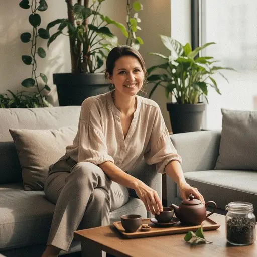 Žmogus ramiai geriantis arbatą prie lango, perteikiantis kasdienio gerovės palaikymo svarbą.